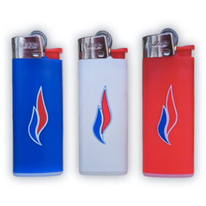 Lot de 3 briquets logo flamme, bleu, blanc, rouge